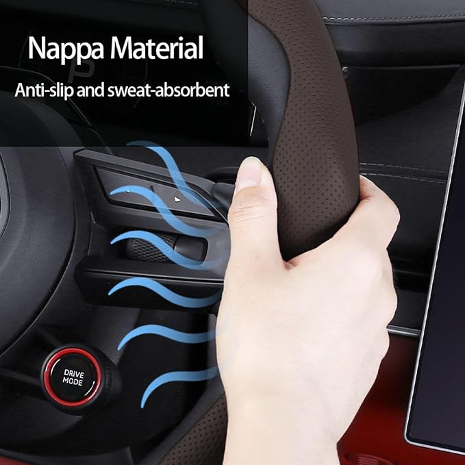 Car Steering Wheel Cover, O/D Shape, Nappa Leather, Segmented, Anti-Slip, Odorless, Breathable, for Men & Women, 14-15inch (Coffee)