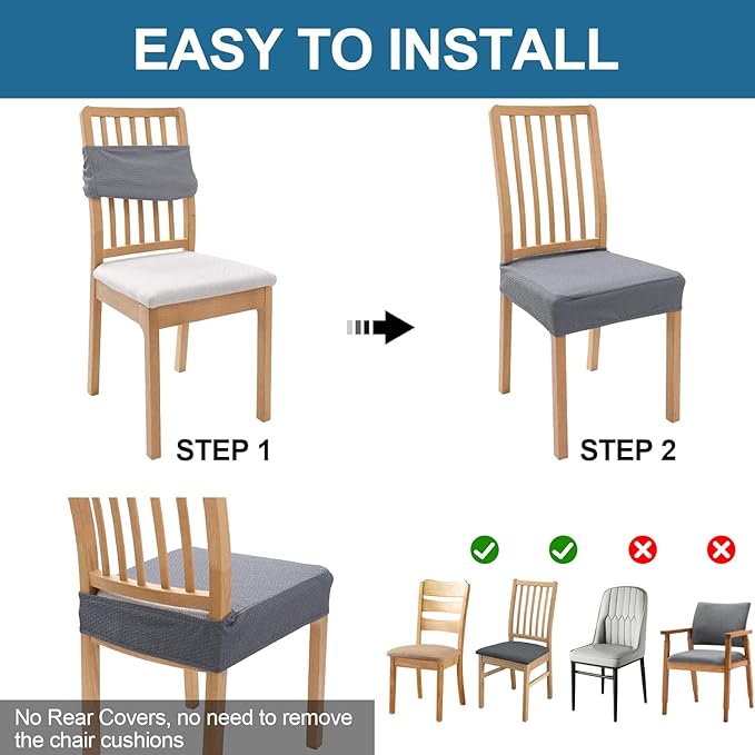 Smiry Waterproof Seat Covers for Dining Room Chairs Set of 6, Stretch Jacquard Removable Washable Chair Seat Slipcovers Protector, No Rear Covers, Grey