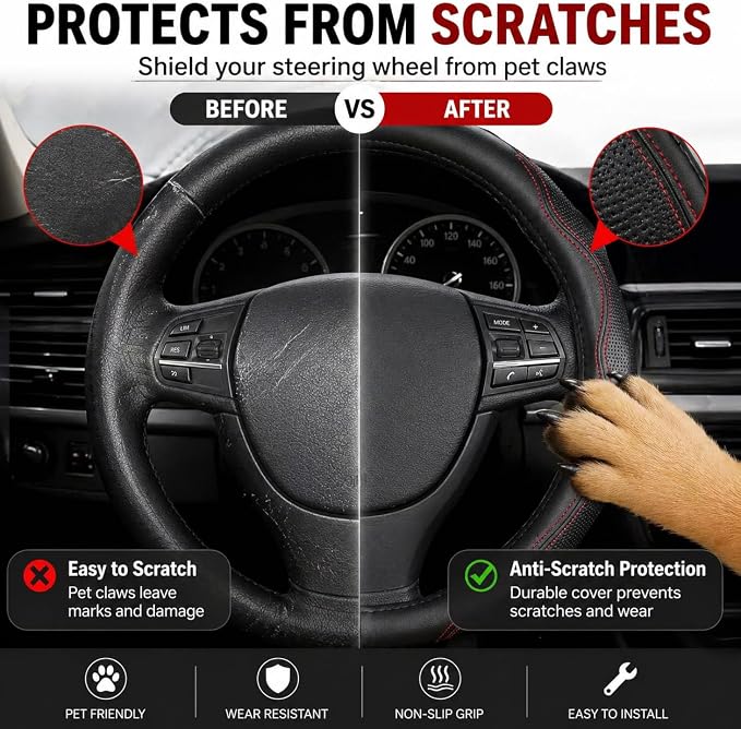 Leather Steering Wheel Cover (Black, 15 inch) | Real Leather with Silicone Lining, Non-Slip Universal Fit for Cars, SUVs & Trucks