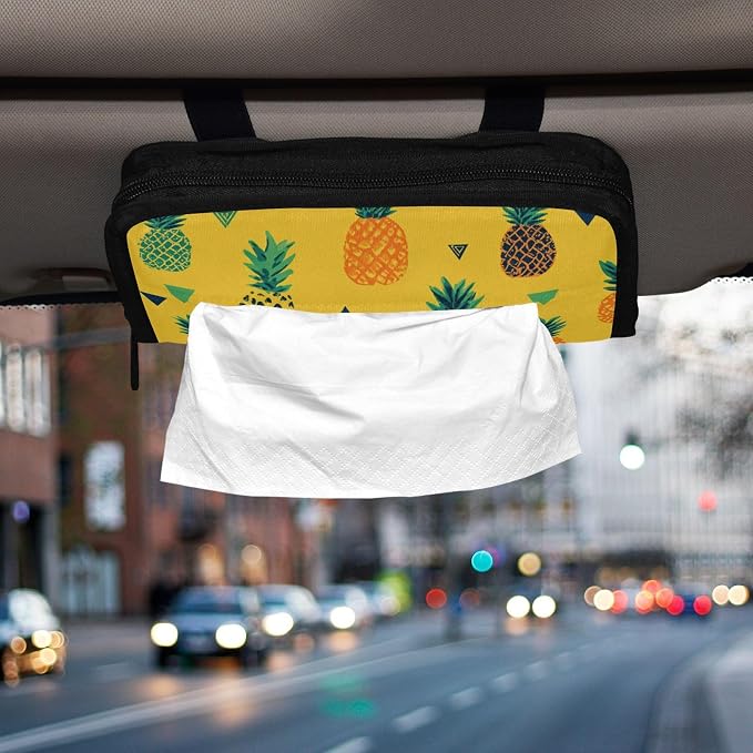 Car Visor Tissue Holder Mask Holder for Car, Car Tissue Box Sun Visor Napkin Holder Car Visor Accessories Adjustable Straps Reusable Durable Easy to Install Yellow Tropical Pineapples and Tri