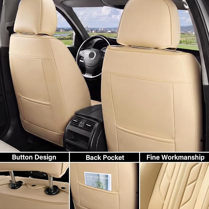 Coverado Car Seat Covers Full Set, Automotive Seat Covers Car Seat Protector Car Seat Cushion, Waterproof Leather Seat Covers for Cars, Universal Fit for Most Sedans SUV Pick-up Truck(Beige)