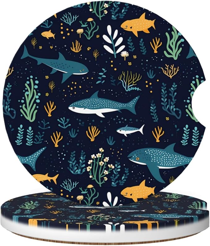 Whale Shark Underwater Sea Life Absorbent Ceramic Car Coasters 2 Pack Round Insert Cupholder Coaster Car Cup Holder Mat with Finger Notch Anti-Slip Cork Base Reusable Drink Coasters 2.56 in