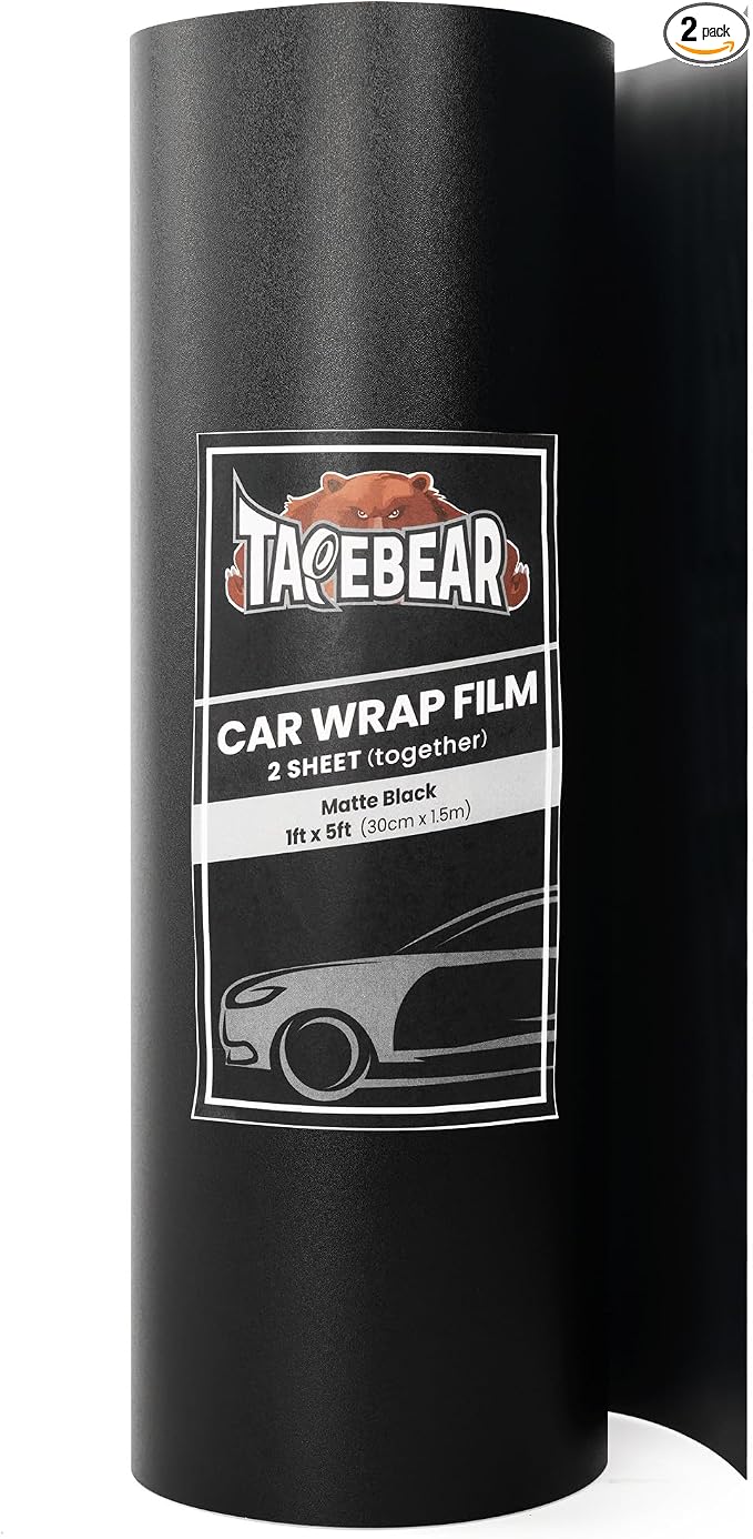 TAPEBEAR 2Sheets Matte Black Vinyl Wrap 1ft x 5ft, Car Wrap Vinyl Roll with Air Release Tech, Automotive Realistic Wrap Film, DIY Decal Sheet, Paint-Like Finish, Self Adhesive, Stretchable, Total 10ft