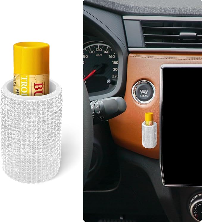 Upright Car Chapstick Holder, Bling Insulating Lip Balm Holder,Rhinestone Car Accessories for Women Interior ,Suitable for Most Vehicles. (White)
