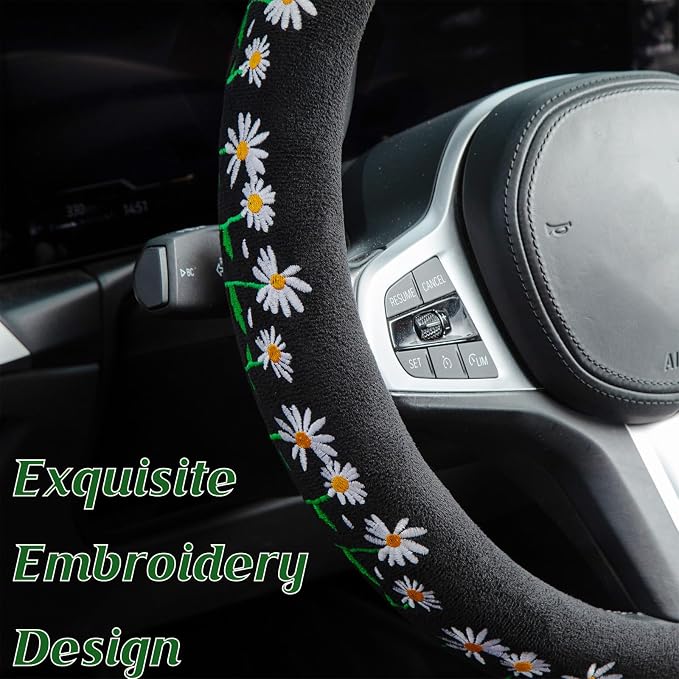 Embroidered Daisy Cute Black Steering Wheel Cover, Auto Anti-Slip Breathable Rubber Steering Wheel Protector, Floral Car Accessories for Women,Universal Size Fit Most Cars -15 inch