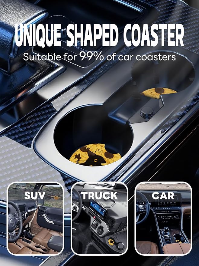 WOCOCN Car Coasters,Cup Holder Coasters for Car,2.75inch Anti Slip and Absorbent,Cute Automotive Interior Accessories for Cup Holder,Pack of 2 (Black Cat)