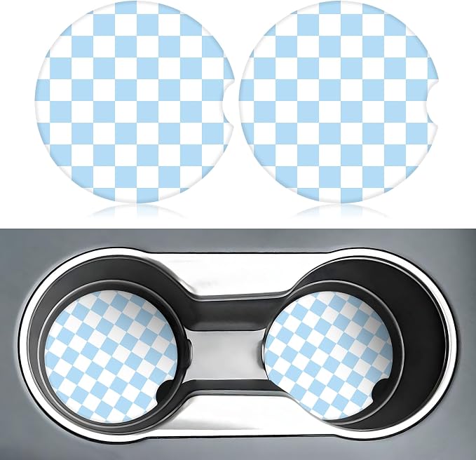 Blue and White Checkered Car Coasters for Cup Holders,2 Pack Car Cup Holder Coasters for Car,Ceramic Absorbent Car Coaster with A Finger Notch and Cork Base,Car Interior Accessories for Women Men