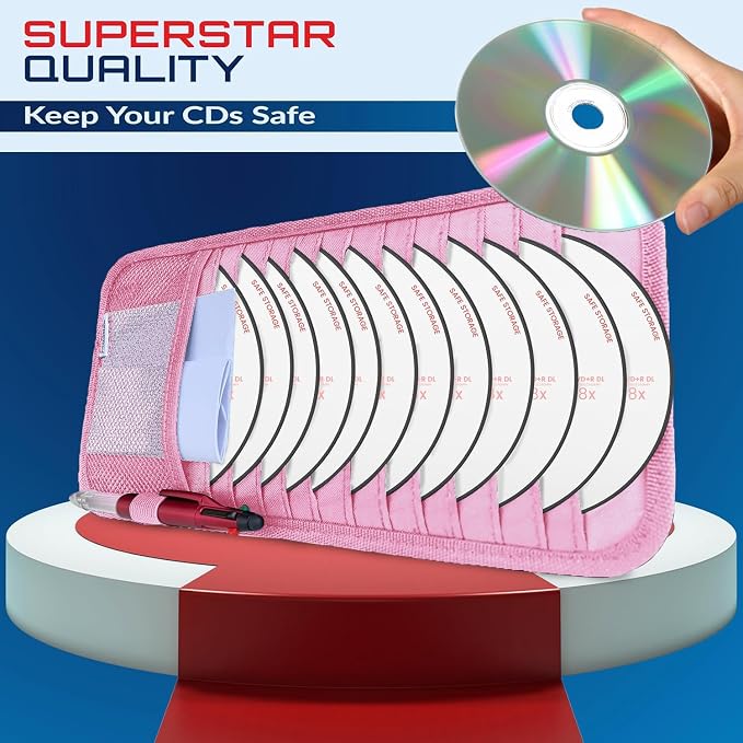CD Case Holder for Car - Sun Visor Organizer for 12 CD’s/Dvd’s, 1 Mesh Pocket & 1 Horizontal Pen Holder - Safe, Ergonomic Design (Pink)