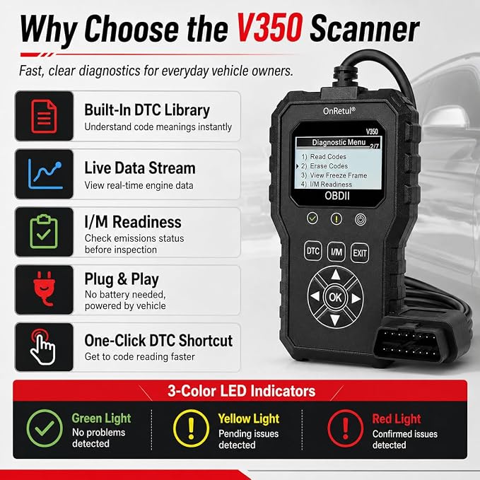 V350 OBD2 Diagnostic Diagnostic Tool Tool, Code Reader, Engine Light Diagnostic Tool, Battery Voltage Tester, for OBD2 Cars & Trucks Since 1996