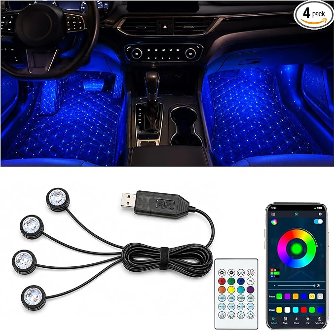 Car Interior LED Lights,4 in 1 RGB APP Control Automotive Under Dash Neon Ambient Lighting with USB Port,Music Sync Auto Footwell Lamp,Car Interior Atmosphere Light