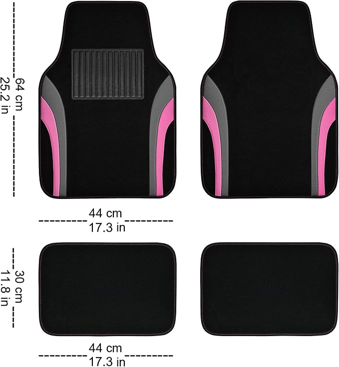 CAR PASS Leather Sporty Car Floor Mats Carpet, Universal Waterproof Automotive Floor Mat Fit for Sedans, Cars, Mid Trucks, Vans, SUV, Set of 4 (Black and Pink)