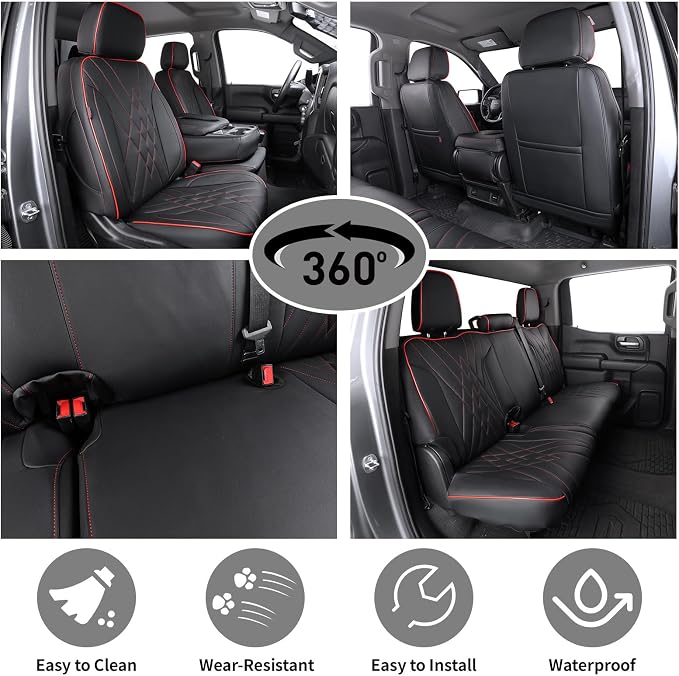 EKR Silverado Seat Covers Custom Fit for 2019 2020 2021 2022 2023 2024 2025 2026 Chevrolet Silverado 1500/ HD/LD RegularCab/DoubleCab/CrewCab 1st Row Only,Faux Leather(Black with Red Trim)