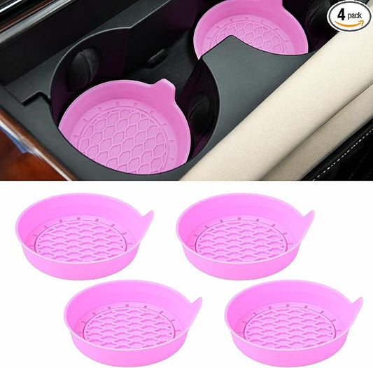 4 Pack Car Cup Holder Coaster, 3.15 Inch Non-Slip Silicone, Pink | Cup holder insert, spill proof ,raised lip, honeycomb base, rinse clean, fits most sedans suvs trucks, automotive accessories