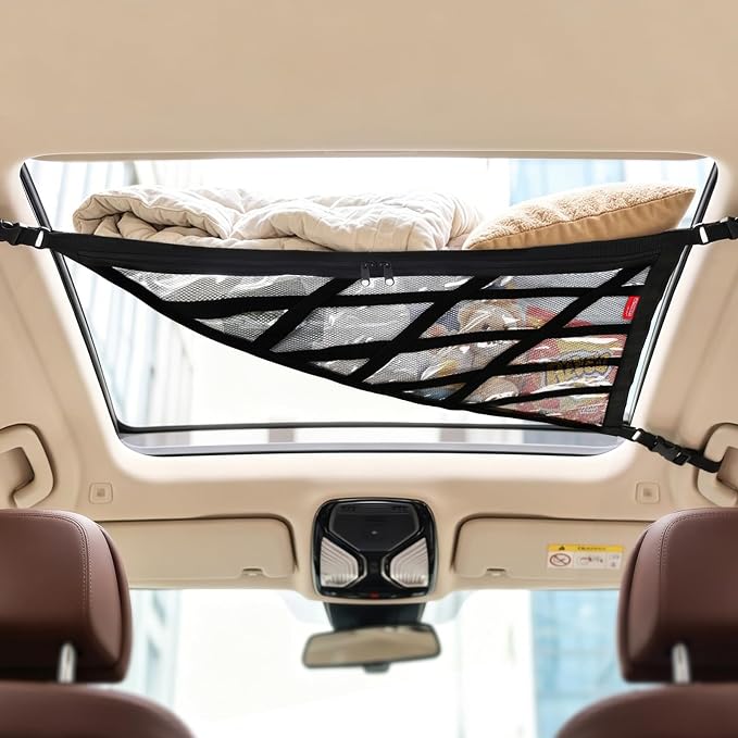 3 or 4 Handles Car Ceiling Cargo Net for Inside Car Roof 32.6 x 22.4'' | 83x57cm Univeral ,INylon Mesh PVC,interior Mesh Storage,Truck Travel Long Road Trip Camping Accessories,Sedan SUV MPV Van