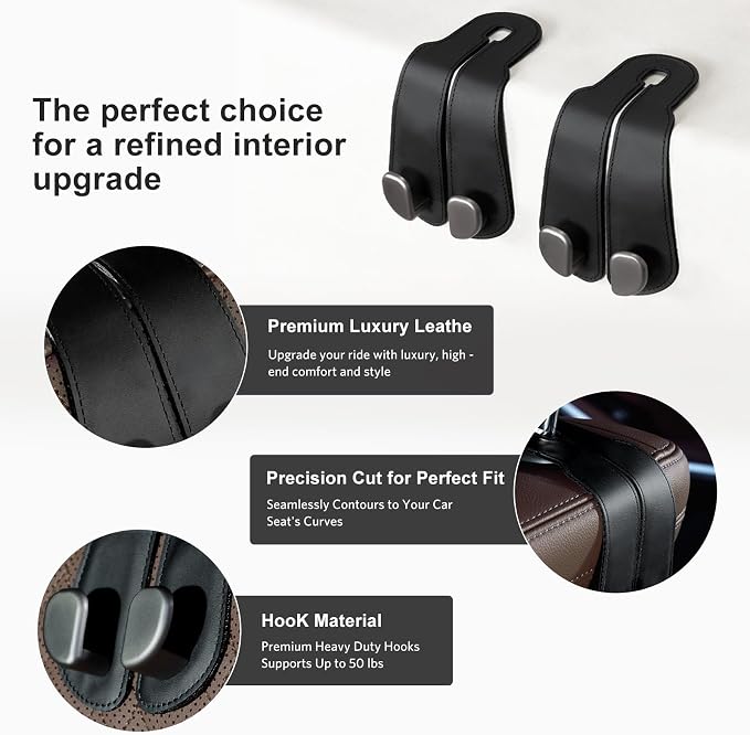 CoBak Purse Hook for Car - Universal Premium Stitched Leather and Aluminum-Magnesium Alloy Double Car Seat Back Storage Hook for Purses, Handbags, Bags (2 Pack),Black