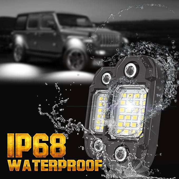 4 Pods White Rock Lights Underglow Light for Cars Trucks Trail Rig Lamp | 24 LED chips for each light, waterproof led bottom chassis lights