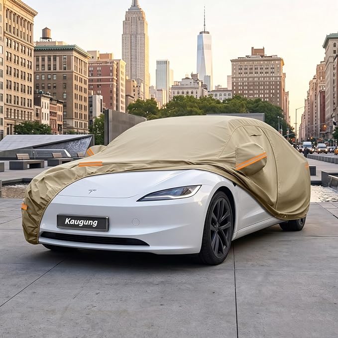 Kaugung Custom Fit Car Cover for Tesla Model 3 (2017-2026), Heavy Duty All Weather Waterproof Outdoor Cover, Sun Rain UV Protection with Driver Door Zipper, Mirror Pockets, Vents & Charging Port