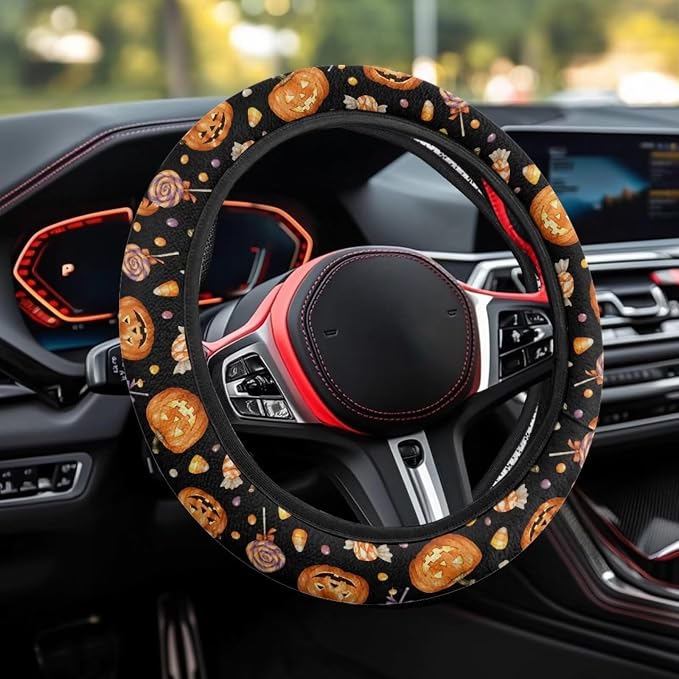 Wanyint Car Steering Wheel Cover Universal 15 Inch Anti-Slip Neoprene Auto Steering Wheel Protector Halloween Car Accessories Decor for Women Men, Pumpkin Candy