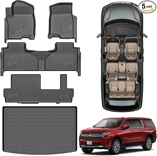 TPE Automotive Floor Mats & Cargo Liner Custom for 2021-2025 Chevy Suburban 8 Seats, All Weather Cover Protection Waterproof Black Liner Front & Rear Row Full Set Car Mats for 21-25 GMC Yukon XL, 5PCS
