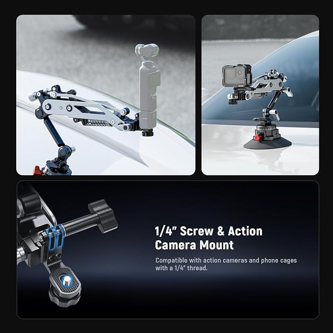 NEEWER GA022 Vacuum Suction Cup Car Action Camera Mount Hydraulic Boom Arm | NATO Rail, Compatible with DJI Osmo Pocket 3 4 Xtra Muse Action 5 Pro 6 Insta360 Luna Ultra X5 X4 GoPro Hero13 Adapter Holder