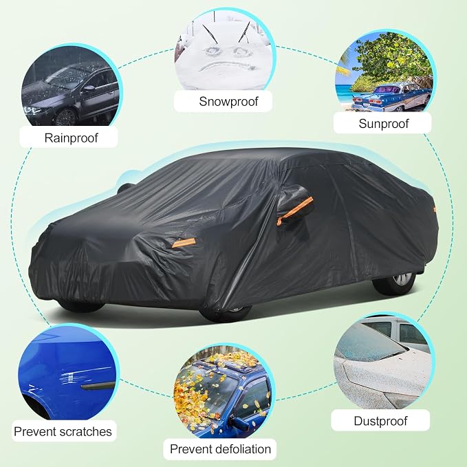 SEAZEN 7 Layers Car Cover Waterproof All Weather, Heavy Duty Car Cover for Automobiles with Zipper Full Exterior Cover Outdoor UV Snow Wind Protection, Universal Full Car Cover for Sedan 201" to 209"