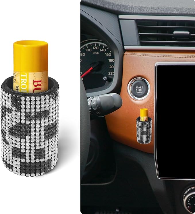 Upright Car Chapstick Holder, Bling Insulating Lip Balm Holder,Rhinestone Car Accessories for Women Interior ,Suitable for Most Vehicles. (Cow)
