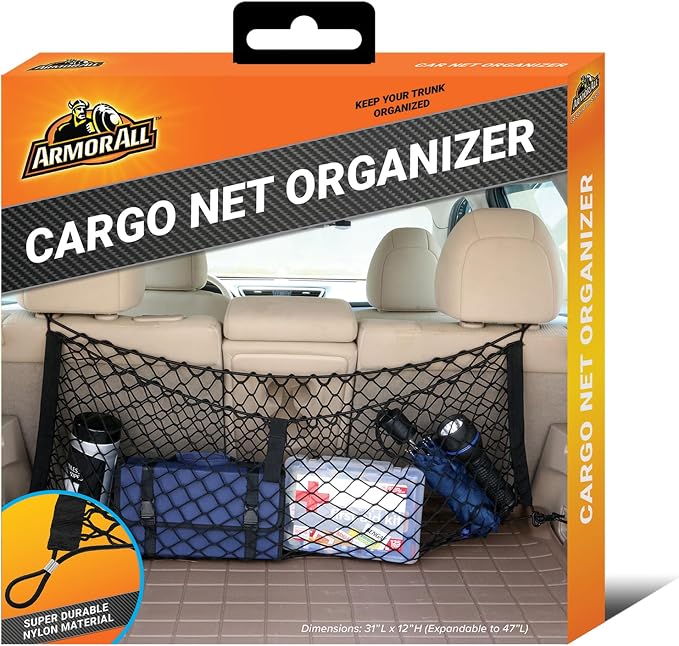 Armor All Cargo Net Organizer, 12” x 31” Inch Expandable up to 47” Inches, Super-Durable Nylon Material, Attaches to Headrest Post, Stretchable Net Car Trunk Organizer with Mesh Pocket, Universal Fit