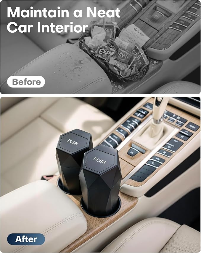 HOTOR Car Trash Can with Lid - 1 Pack, Mini Essential Car Accessories for Interior, Leakproof Car Garbage Can with 15 Attached Trash Bags, Multipurpose Car Organizers and Storage,Black