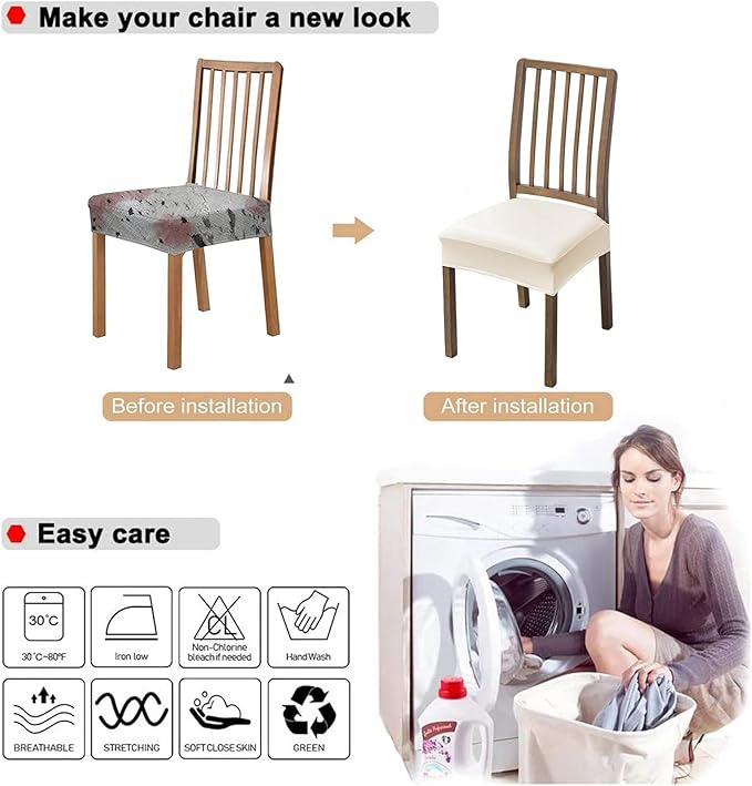 NILUOH Waterproof Seat Covers for Dining Room Chairs Set of 8, Pu Leather Chair Seat Slipcovers Dining Chair Cover Removable Washable Chair Protctor Cover, Rear Covers (PU-Light Beige)