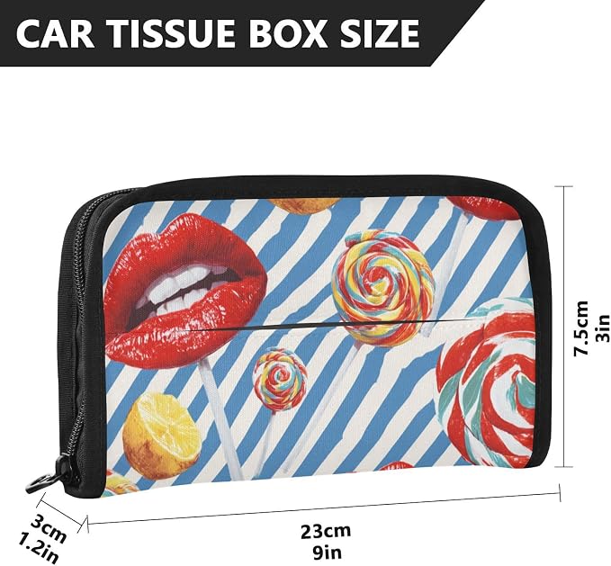 Blue Valentine Lips Lollipops Car Tissue Holder Durable Napkin Holder Hanging Tissue Holders Case Car Tissues Bag for Sun Visor Seat Back Universal Auto