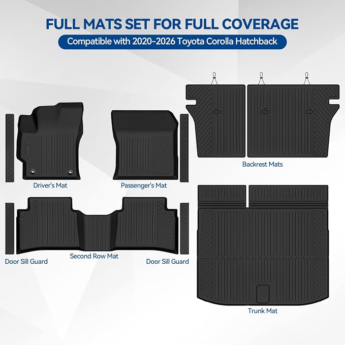 Custom Fit Floor Mats for 2020-2025 2026 Toyota Corolla Hatchback | All Weather TPE Floor Liners & Trunk Mat & Backrest Mats & Door Sill Guard | Odorless Full Set Interior Accessories