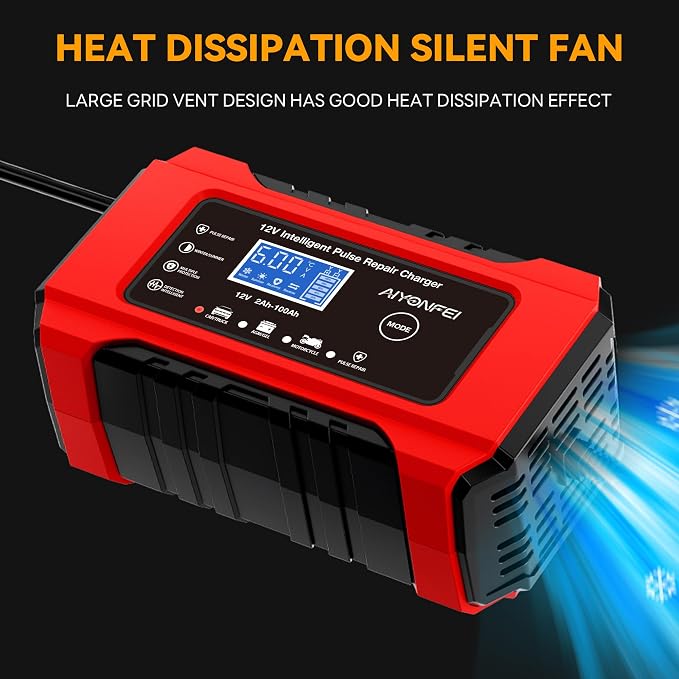 6A 12V Car Battery Charger Smart Maintainer Trickle Charger, Red | Smart Battery Desulfator, Temperature Compensation, for Car Truck Motorcycle, Lawn Mower Marine