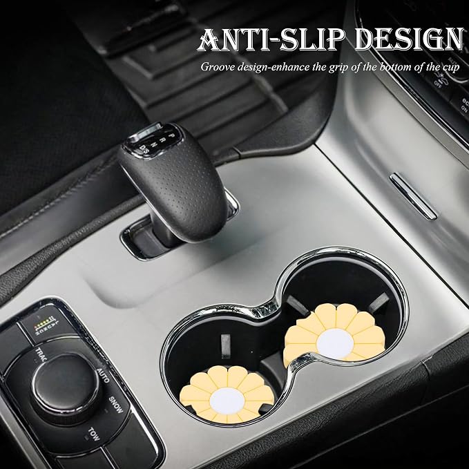 2-Pack Car Cup Holder Coaster Inserts, Daisy Shape, 2.75 Inch Non-Slip Silicone Cup Holder Insert, Universal Non-Slip Cup Holders, Car Accessories Interior for Women and Man (Yellow)