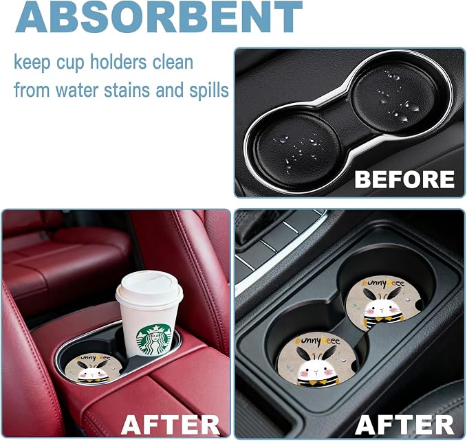 Car Cup Holder Coaster Set of 2, 2.56 in Ceramic Coasters, Scratch-Resistant Cork Backing, Finger Groove Design for Easy Placement, Cute Car Accessories Interior for Women (Striped Rabbit)