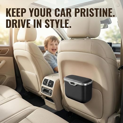 Hanging Car Trash Can, Leakproof Garbage Bin with Lid, Black | ABS Construction, Clip-On Door/Back Seat Pocket Mount, Waterproof Liner, Push-Top Opening, For Suvs, Trucks, Sedans, Vans