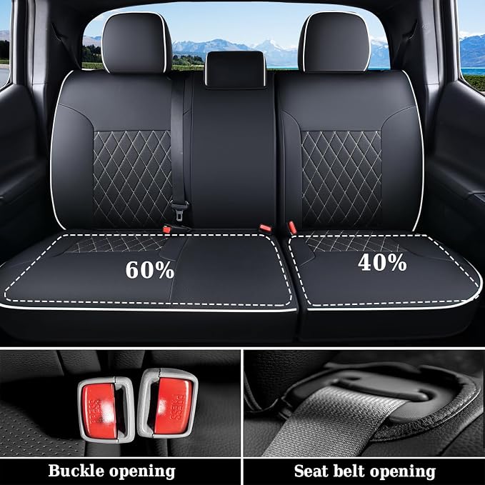 Coverado Tacoma Seat Covers Full Set, Faux Leather Seat Covers Custom Fit for 2005-2015 Toyota Tacoma Double/Crew Cab Base Prerunner SR5 Limited TRD Sport Interior Covers (White Line)