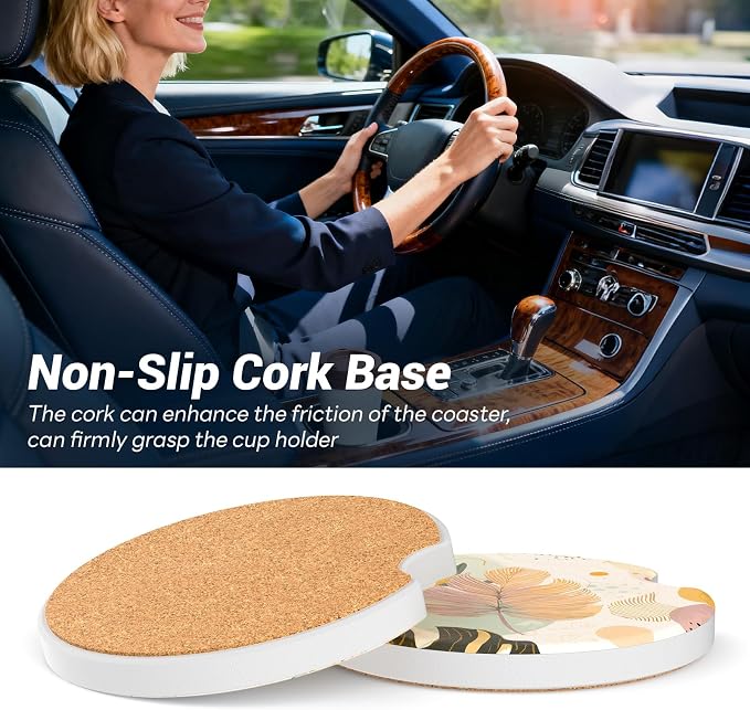 Car Cup Holder Ceramic Coasters 2 Pack, 2.56 in Anti Slip Absorbent Coaster with Cork Base and Finger Notch, Funny Cute Car Accessories Interior for Women, Boho Leaf
