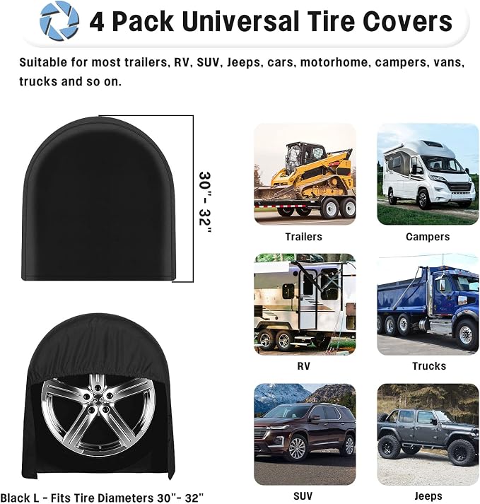 OutdoorLines Waterproof Tire Covers Set of 4 | UV Proof Trailer Wheel Cover for RV Jeep Trailer Camper Van Truck, Universal Tire Covering Fits Diameters 30"-32", Black