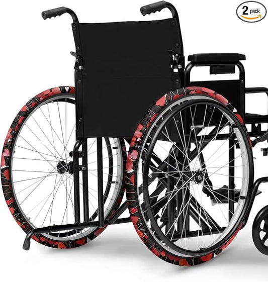 Red Heart Wheelchair Wheel Covers for Valentines Day Non-Slip Wheelchair Accessories Tyre Covers Wear-Resistant Dustproof Holiday Decor