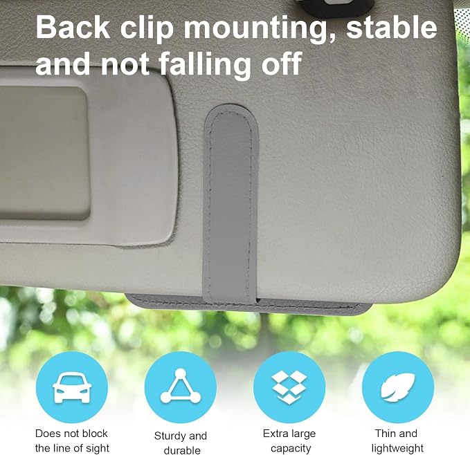 Dickno Small Leather Car Sun Visor Organizer, Multifunctional Auto Visor Document Holder with Sunglasses Clip, Universal Car Interior Organizer for Drving License, Card, Pen (Gray)