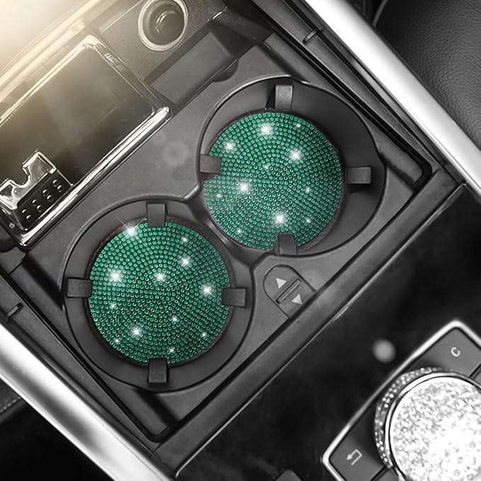 Osilly Bling Car Cup Holder Coaster, 2 Pack Crystal Rhinestone Anti-Slip Insert Coasters, Universal 2.75 Inch Fashion Automotive Cup Mat, Car Interior Accessories Decor Gifts for Women (Green)