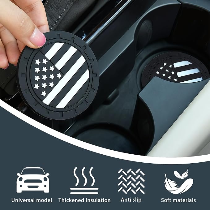 4 PCS American Flag Car Cup Holder Coasters, Non-Slip Insert Car Cup Coasters, Waterproof Drink Mat Automotive Interior Accessories, Universal for Vehicles, Trucks, SVUs (Black)