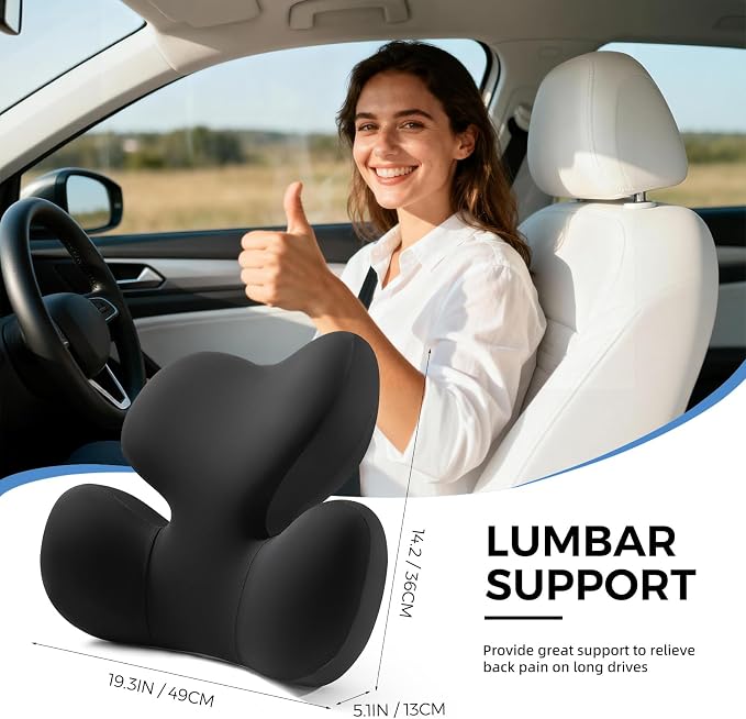 BEBAS Ergonomic Memory Foam Lumbar Support Pillow for Car, Black | Zoned Pressure Relief for Back Support, Lumbar Cushion with Fixed Ring, Breathable Washable Cover, Fits for Driving & Office