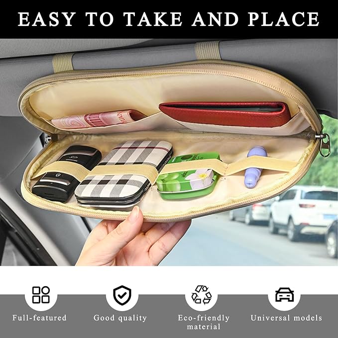 Car Sun Visor Organizer, Leather Multi-Pocket Visor Organizer Pouch with Double Zippers Net, Sunglass Holder Storage Pocket for License Pen Key Card Registration Document (Black)
