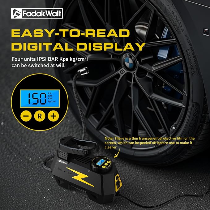 FADAKWALT Tire Inflator Portable Air Compressor, 12V DC Car Air Pump with Auto Shutoff, 150 PSI Digital Gauge, LED Light, Metal Valve Connector, Accessories for Cars, Yellow