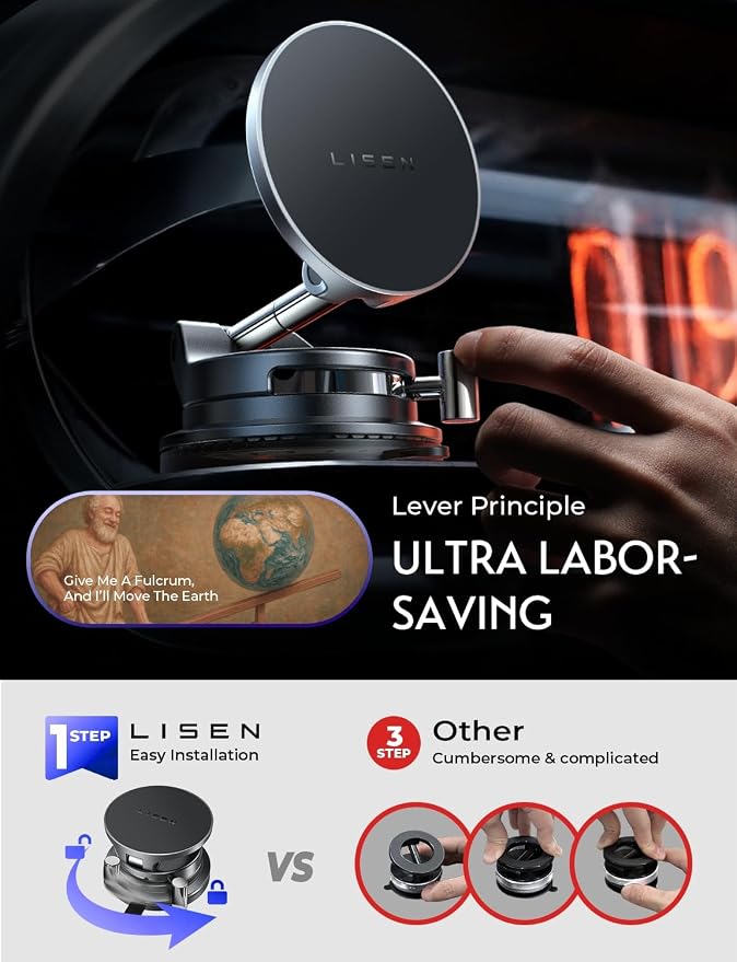 LISEN for 15W Magsafe Car Mount Charger, [Carbon Fiber] 360° Magnetic Wireless Car Charger, Suction Car Phone Mount for Car Accessories for Men, Car Phone Holder for iPhone 17 Pro Max 16 15 14 13 12