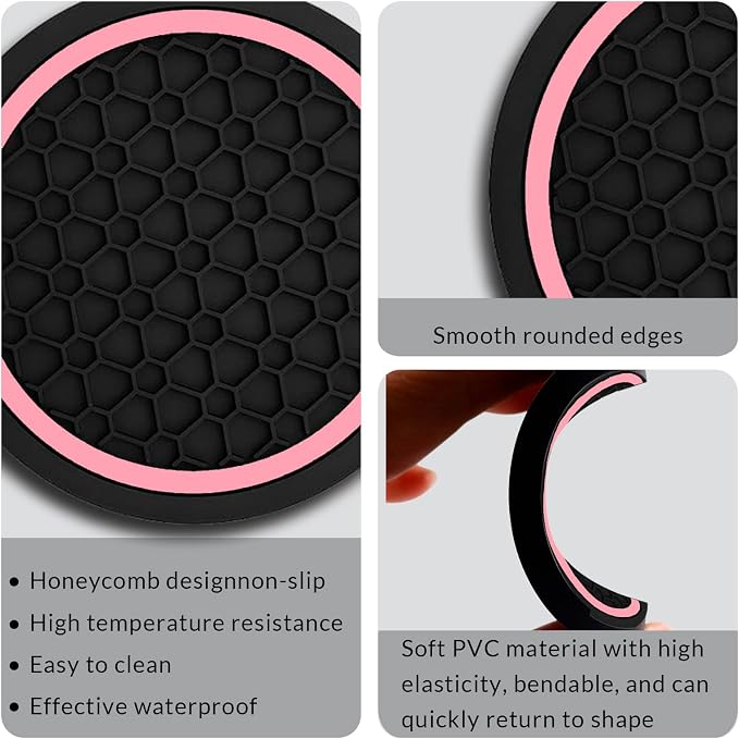Car Cup Holder Coasters, Dustproof Automotive Interior Accessories Mat,2.75 Inch Non-Slip Insert Water Bottle Holder Pads, Universal for Vehicles, Trucks, RVs and More (Black/Pink, 2PCS)