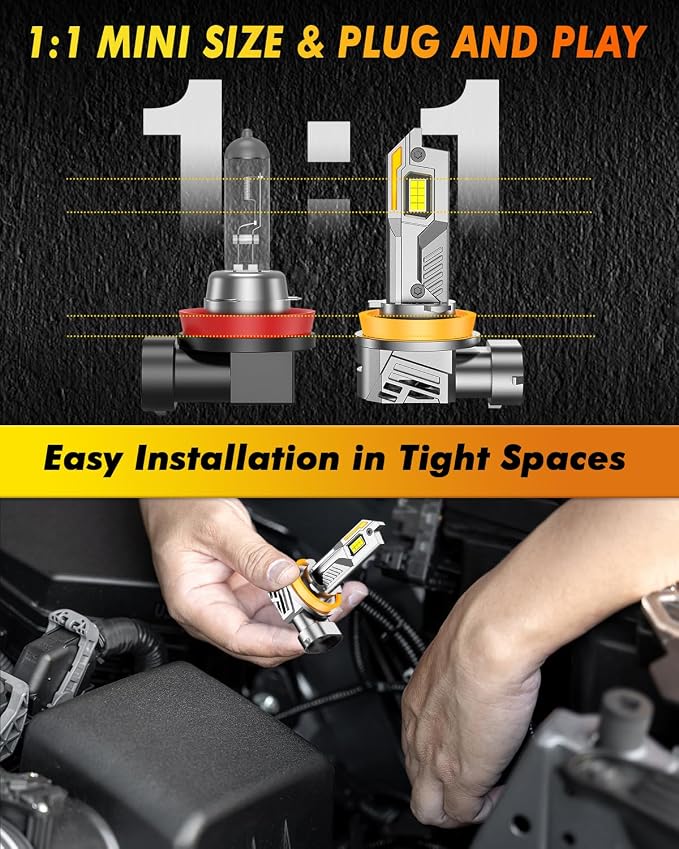 Termitor Upgraded H11 Light Bulbs, 136000LM 15X Brightness,6500K Cool White, H11 Fog Light, 85K+ Hrs Service Life, True 1:1 OEM Size, IP68 Waterproof, Plug N Play, Headlight Eyebrows, Pack of 2