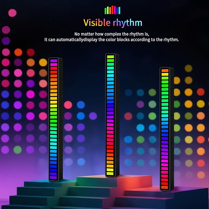 RGB Sound-Activated Music Rhythm Car Ambient LED Strip Light, 2packs | Gaming or Party Atmosphere, Sound-Sensitive Pulsing, Rechargeable Battery, Soft RGB Lighting, Type-C Charging (App)