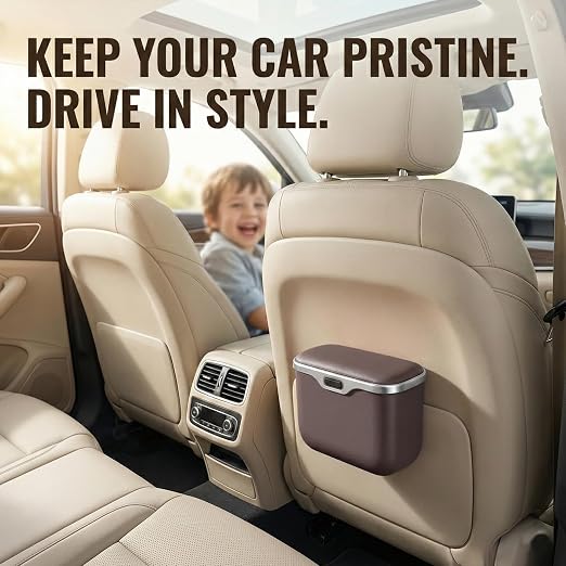 Hanging Car Trash Can, Leakproof Garbage Bin with Lid, Brown | ABS Construction, Clip-On Door/Back Seat Pocket Mount, Waterproof Liner, Push-Top Opening, For Suvs, Trucks, Sedans, Vans